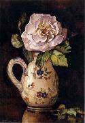 White Rose in a Glazed Ceramic Pitcher with Floral Design